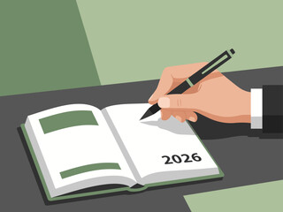 A hand writes in a calendar for 2026. The image features a close-up of a hand and pen on an open calendar, conveying planning and organization. Clean, modern style.
