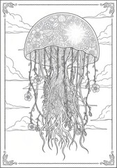 Surreal Whale/Sea Coloring Sheet Organic Patterns Underwater Hand drawn [Subject] illustration with flowing organic swirls. Abstract decorative line art design on white background