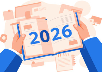 A professional holds an open calendar displaying 2026, symbolizing future planning and business goals. Modern, clean design with a focus on forward-thinking.