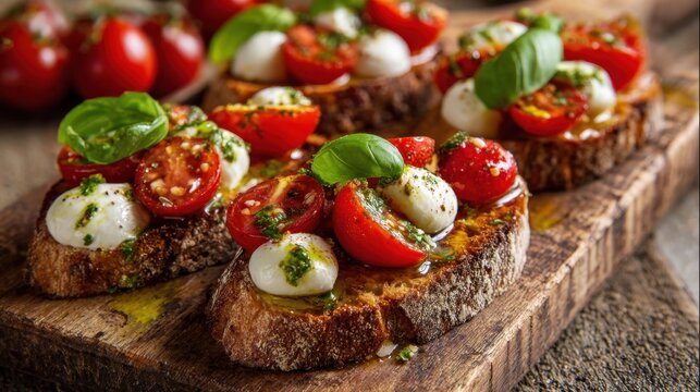 Fresh Italian bruschetta with toasted rustic bread, topped with ripe cherry tomatoes, fresh mozzarella, basil leaves and oil.