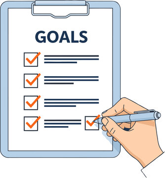 A hand checks off goals on a clipboard, symbolizing achievement and productivity. Clean, modern design with a bright background. Perfect for business and motivation visuals.