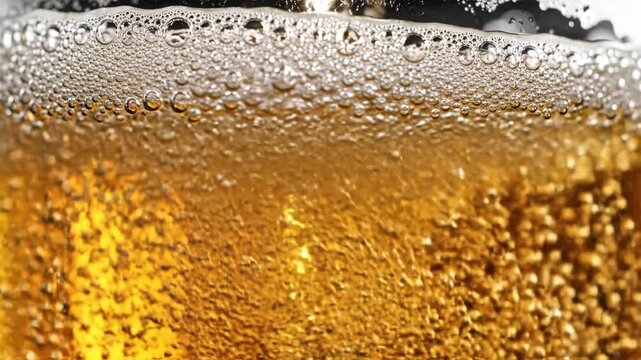 Close-up of refreshing beer with effervescent bubbles and frothy head.