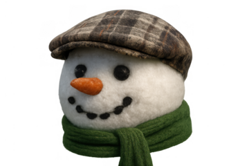 Snowman head wearing plaid cap and green scarf, smiling with carrot nose, adding festive winter joy, transparent background