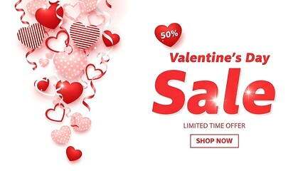 Valentines Day Sale Banner with Cascading Hearts and Ribbons love romance