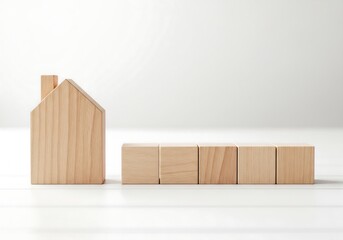 Wooden house model and building blocks on white, symbolizing home ownership, property development, and real estate investment.