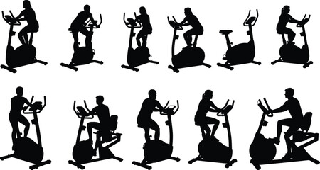 Set of Silhouettes of Men and Women Exercising on Stationary Upright and Recumbent Cycling Bikes for Home Gym and Fitness Studio Vector Illustration. © Anu's World