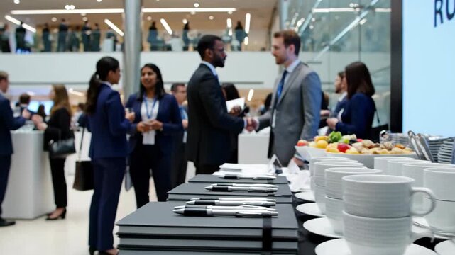 Catering Table with White Coffee Cups in Business Conference Lobby Tracking Shot