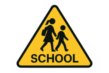 Yellow school warning sign on transparent background indicating pedestrian safety and caution for children crossing
