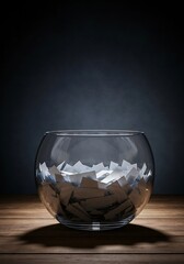 A clear glass bowl sits on a wooden table, brimming with small, folded paper slips. The dark, dramatic background provides ample copy space, emphasizing themes of chance, lottery, voting, ideas, or ra