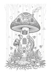 Surreal Mushroom/Forest  Coloring Sheet Organic Patterns  Hand drawn Mushroom illustration with flowing organic swirls. Abstract decorative line art design on white background.