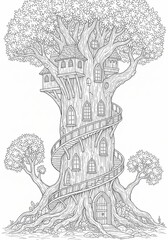 Magical Fantasy Treehouse Adult Coloring Page
Woodland Detailed fairy tale treehouse illustration for adults. Intricate black and white zentangle line art of a magical forest dwelling for stress