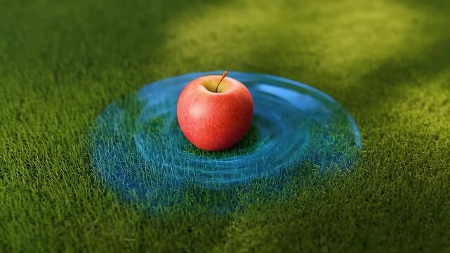 Slow motion apple impact on grass with blue energy waves visualizing gravity field and shockwave propagation. Physics science education concept. Digital render.