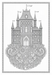 Majestic Castle/Tower Anti-Stress Coloring Template  Highly detailed Architecture drawing with floral and geometric patterns. Monochrome outline art perfect for mindfulness coloring