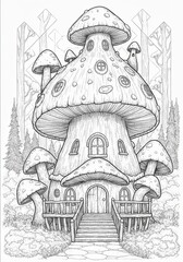 Surreal Mushroom/Forest  Coloring Sheet Organic Patterns  Hand drawn Mushroom illustration with flowing organic swirls. Abstract decorative line art design on white background.