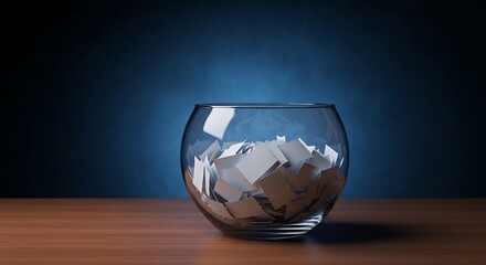 Glass Bowl Filled with White Paper Slips on Wooden Table Against Dark Blue Background