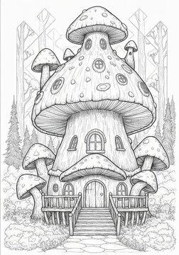 Surreal Mushroom/Forest  Coloring Sheet Organic Patterns  Hand drawn Mushroom illustration with flowing organic swirls. Abstract decorative line art design on white background.