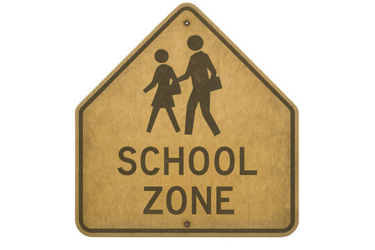 School zone traffic sign providing safety warning for children and students crossing, promoting road awareness, transparent background