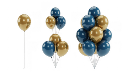 Gold and blue balloons cluster on transparent background isolated on a transparent background