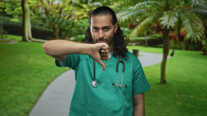 Man in green scrubs with stethoscope showing thumbs down on a forest path beside palm trees;...