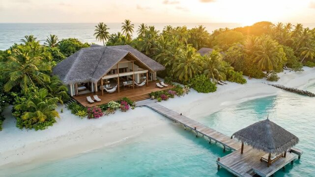 Tropical island resort villa sits on white sand beach with palm trees and a wooden pier extending over turquoise ocean water at golden hour, offering luxury vacation accommodation