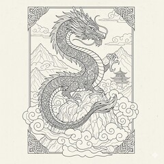 Majestic Dragon Adult Coloring Page Line Art Detailed fantasy dragon illustration for adults. Intricate black and white zentangle line art of a mythical creature for stress relief.