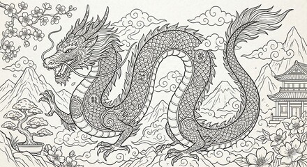 Majestic Dragon Adult Coloring Page Line Art Detailed fantasy dragon illustration for adults. Intricate black and white zentangle line art of a mythical creature for stress relief.