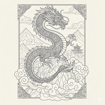 Majestic Dragon Adult Coloring Page Line Art Detailed fantasy dragon illustration for adults. Intricate black and white zentangle line art of a mythical creature for stress relief.