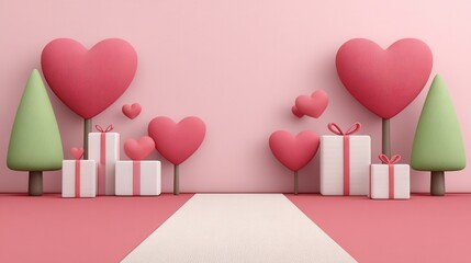 Cute romantic valentine forest with heart trees and colorful gifts flat design love concept environment