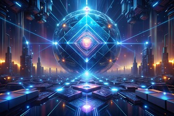 Futuristic cityscape with glowing orb and complex geometric digital network