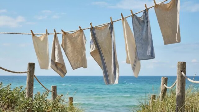 Linen towels and cloths fluttering on a rope clothesline between wooden posts, sunlit and salt-kissed with turquoise sea and blue sky &mdash; fresh laundry, coastal summer living