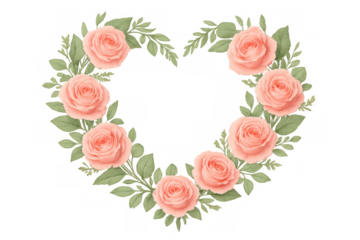 Heart shaped frame of watercolor pink roses and green leaves, symbolizing love, romance, and celebration, transparent background
