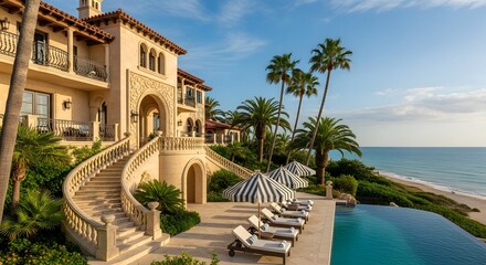 Fototapeta premium Luxury mediterranean villa with ocean view and infinity pool offers upscale travel destination