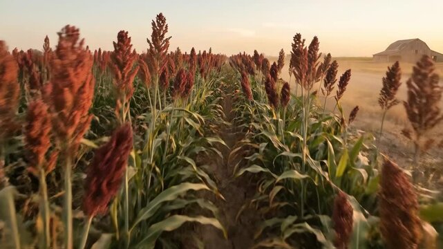 Sorghum plants are growing in long rows across a dry field, with an old weathered barn standing on the horizon under a soft sky at sunset, emphasizing rural agriculture