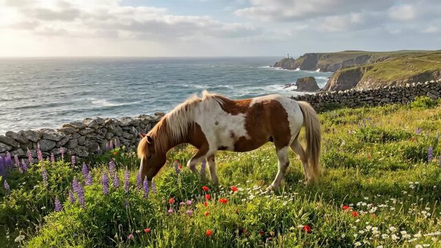 Bay pinto pony grazing in a vibrant green meadow of wildflowers by a traditional stone wall, with rugged atlantic coastline and a distant lighthouse under bright sky