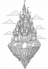 Majestic Castle/Tower Anti-Stress Coloring Template  Highly detailed Architecture drawing with floral and geometric patterns. Monochrome outline art perfect for mindfulness coloring