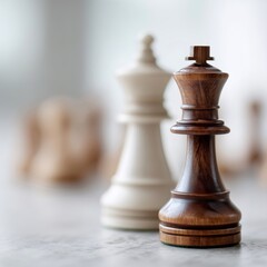 Wooden king chess piece standing in front of white king representing leadership and strategy