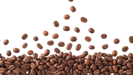 Falling roasted coffee beans creating a dynamic and appetizing display against a clean white background