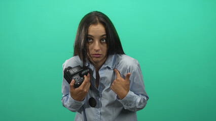 Woman holding camera and pointing finger to chest in green studio wearing light blue shirt and holding lens cap; confusion uncertainty.