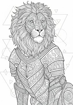  Surreal Lion Coloring Sheet Organic Patterns Hand drawn Lion illustration with flowing organic swirls. Abstract decorative line art design on white background.
