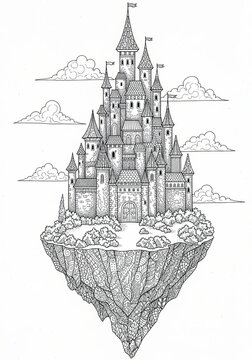 Majestic Castle/Tower Anti-Stress Coloring Template  Highly detailed Architecture drawing with floral and geometric patterns. Monochrome outline art perfect for mindfulness coloring