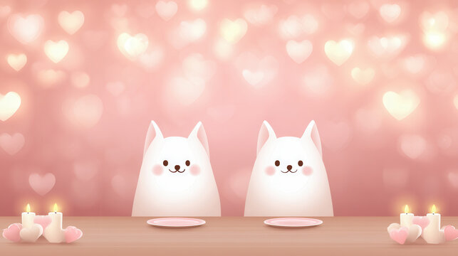 Cute flat cartoon characters enjoying a romantic valentine's dinner heart-themed setting colorful and lovable atmosphere