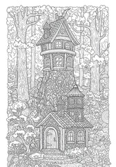 Magical Fantasy Treehouse Adult Coloring Page
Woodland Detailed fairy tale treehouse illustration for adults. Intricate black and white zentangle line art of a magical forest dwelling for stress