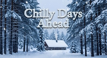 Snowy forest cabin with chilly days ahead text