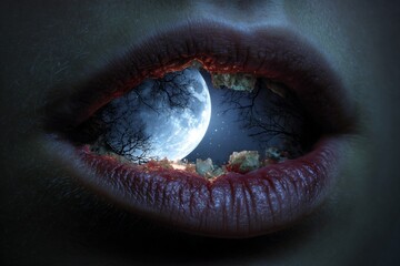 Naklejka premium A surreal and artistic composition featuring lips that open to reveal a night landscape with a full moon.
