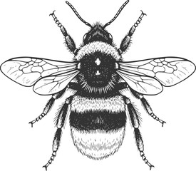 Detailed engraved illustration of a fuzzy bumblebee insect viewed from above isolated on transparent background