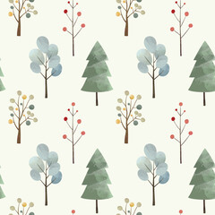 Seamless pattern with nordic trees. Fairy woodland. Watercolor forest background for soft nature design.