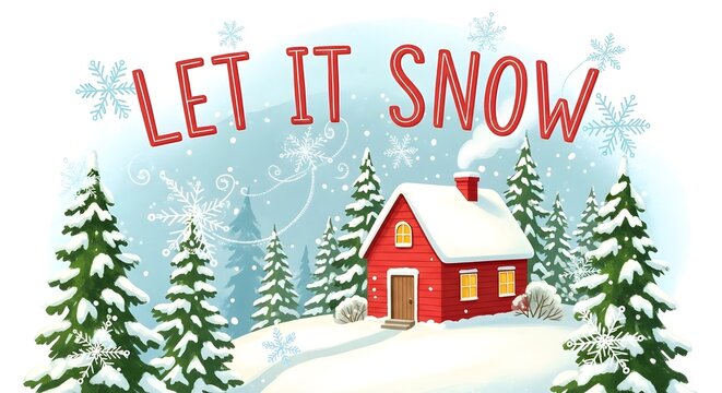 Cozy red cabin in a snowy winter landscape with let it snow text