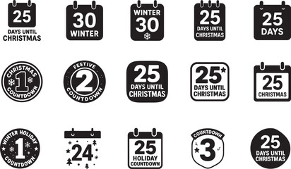 Festive Christmas countdown number calendar badge set in bold silhouette style for seasonal design.