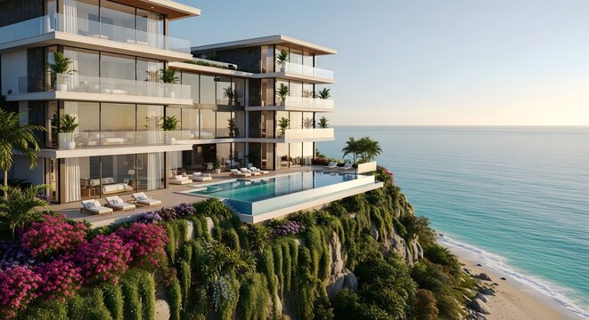 Modern luxury villa with infinity pool overlooking ocean cliffside architecture design - Powered by Adobe