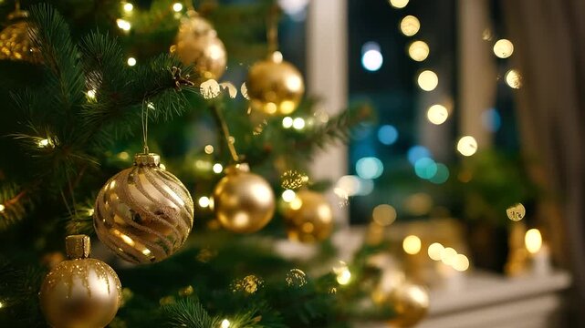 Festive Christmas tree, decorated ornaments twinkling, lights holiday celebration, display seasonal decoration, scene traditional tree, trimming festive atmosphere, home winter dis